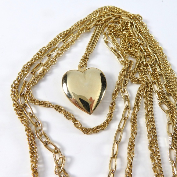 Heart Locket Necklace, Multi Chain, Gold, Gift - Picture 4 of 6